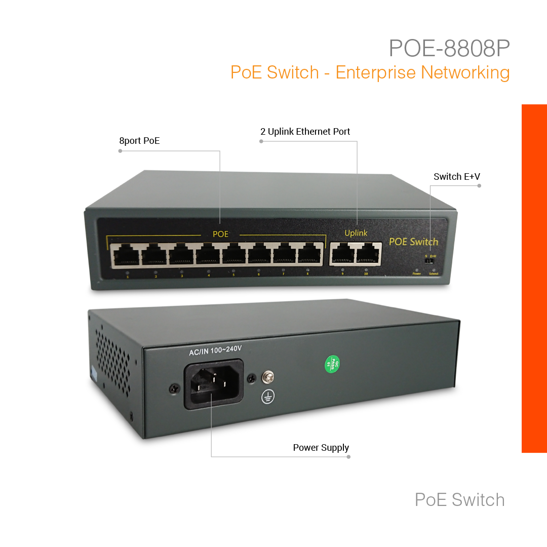 PoE Switch Enterprise Networking 8Port + 2 Uplink POE-8808P