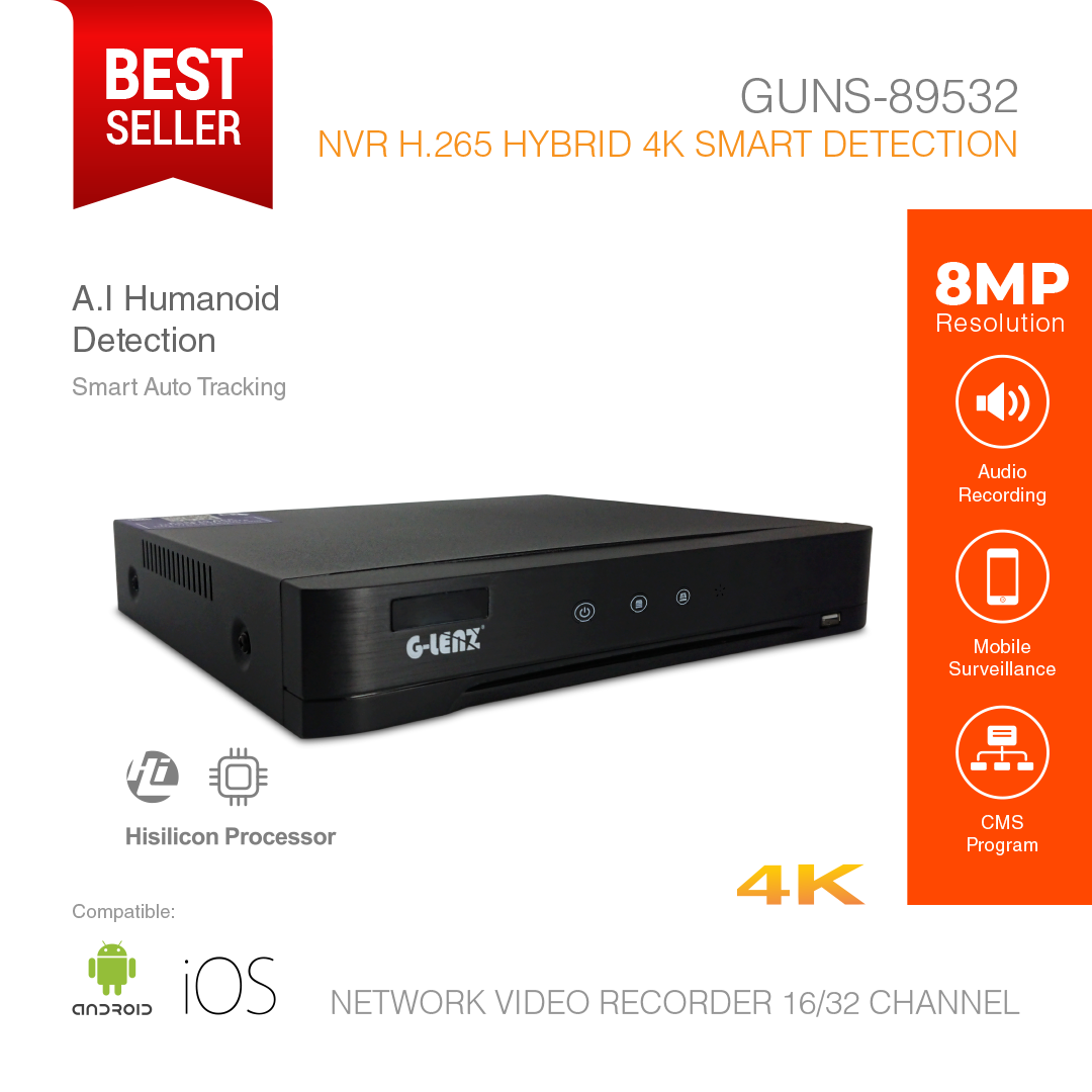 NVR H.265 A.I Smart Detection 32 Channel 8MP Hybrid GUNS-89532