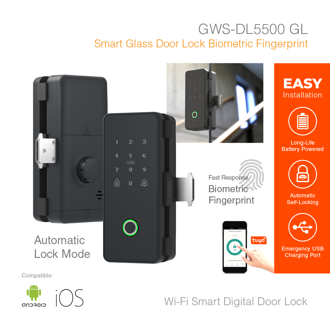 Smart Glass Door Lock Biometric Fingerprint GWS-DL5500GL