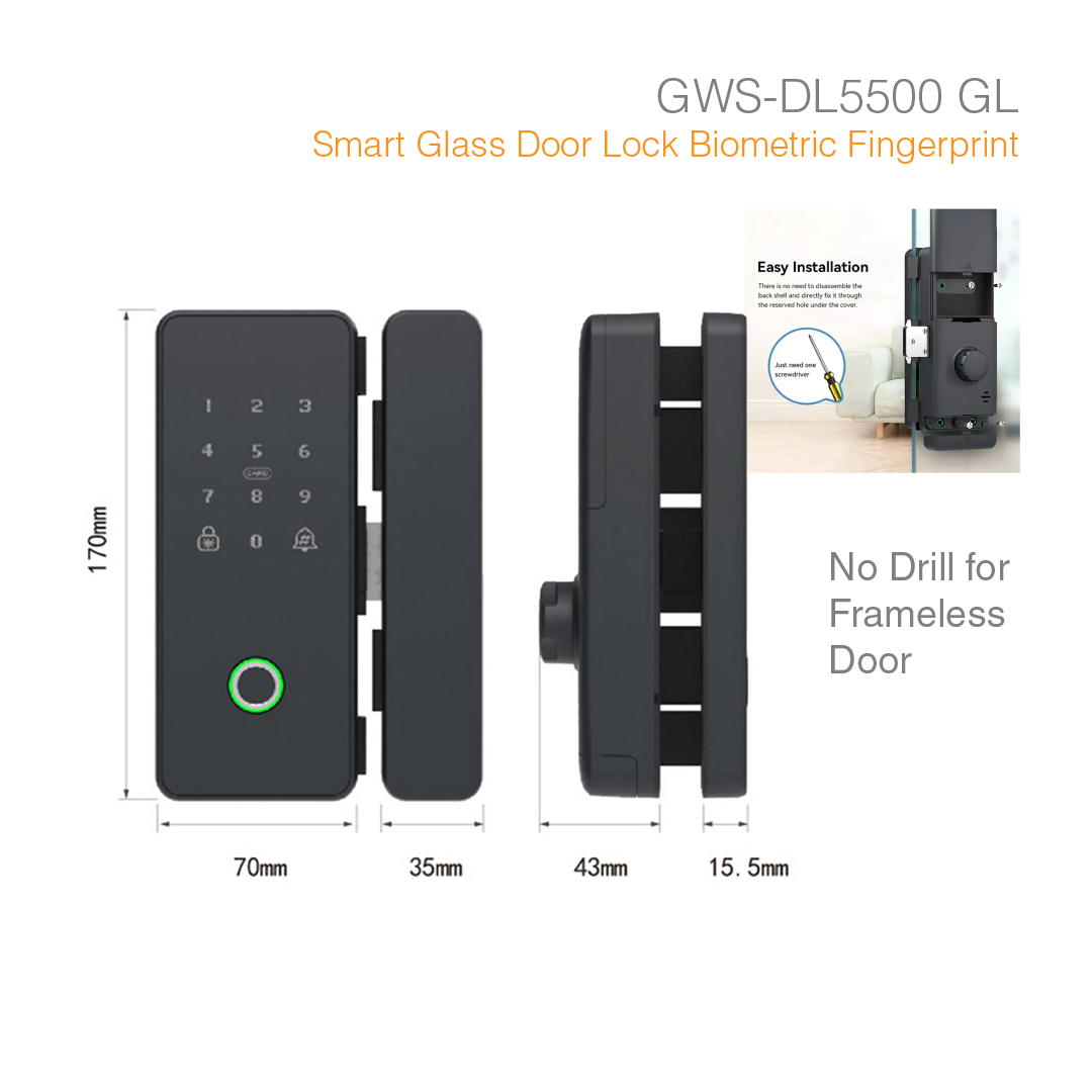 Smart Glass Door Lock Biometric Fingerprint GWS-DL5500GL