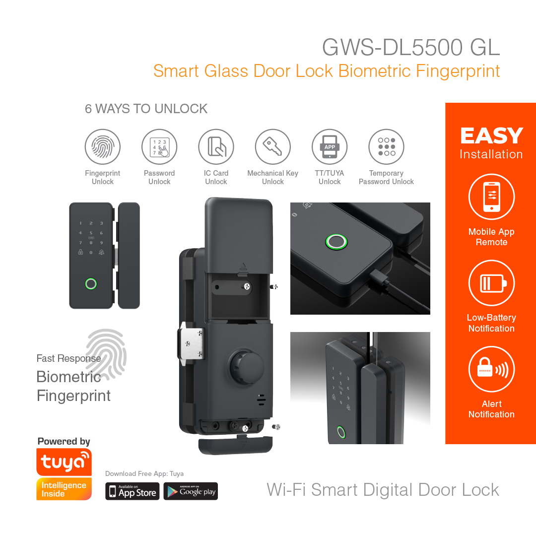 Smart Glass Door Lock Biometric Fingerprint GWS-DL5500GL