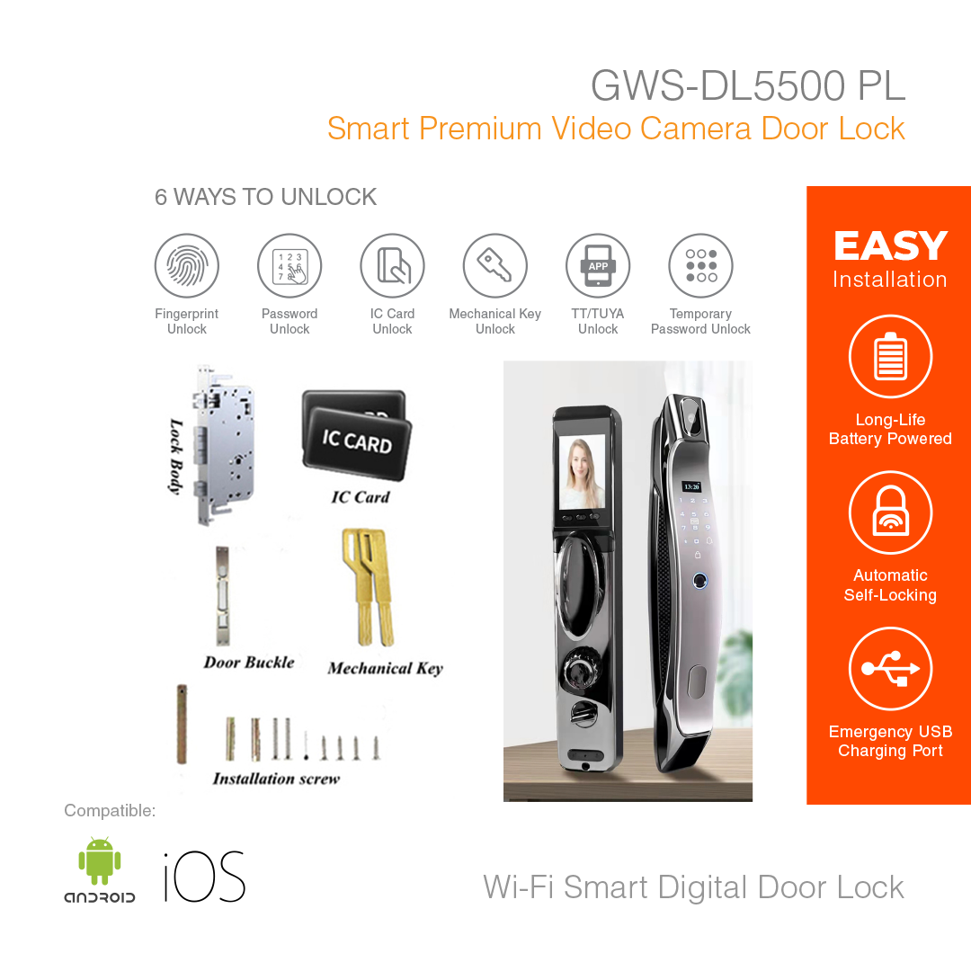 Smart Door Lock Premium Biometric Fingerprint and Video Camera GWS-DL5500PL
