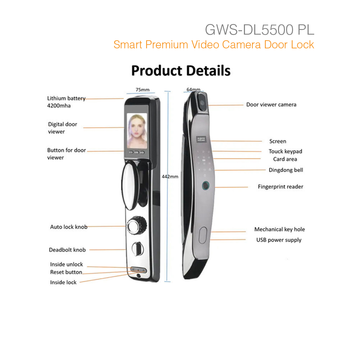 Smart Door Lock Premium Biometric Fingerprint and Video Camera GWS-DL5500PL