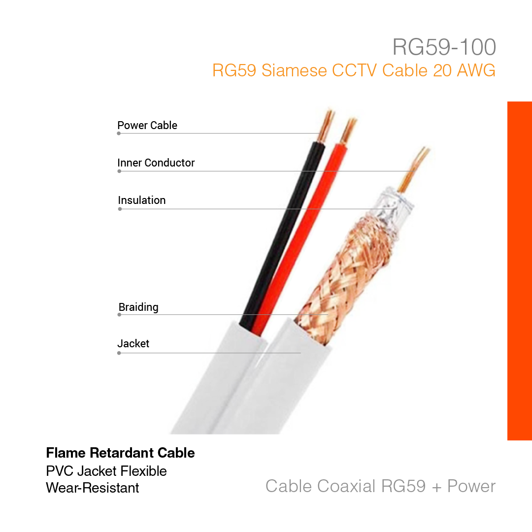 Cable Surveillance Coaxial RG59 + Power 100 Meter RG59-100