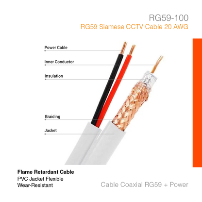 Cable Surveillance Coaxial RG59 + Power 100 Meter RG59-100