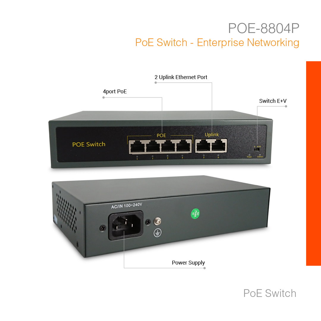 PoE Switch Enterprise Networking 4Port + 2 Uplink POE-8804P