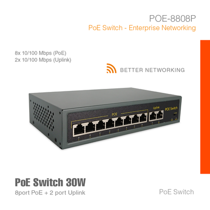 PoE Switch Enterprise Networking 8Port + 2 Uplink POE-8808P