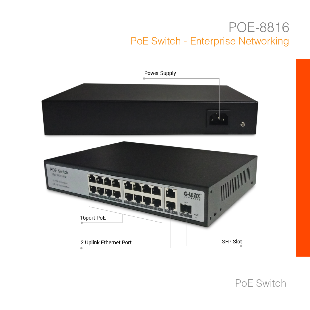 PoE Switch Enterprise Networking 16Port + 2 Uplink POE-8816P