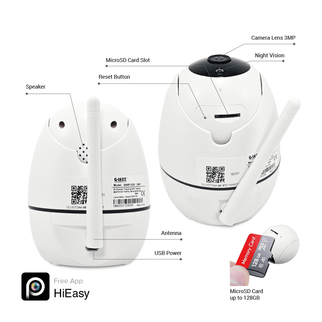Wi-Fi Smart Security Camera Pan/Tilt 3MP A.I Human Tracking GWIP-2000
