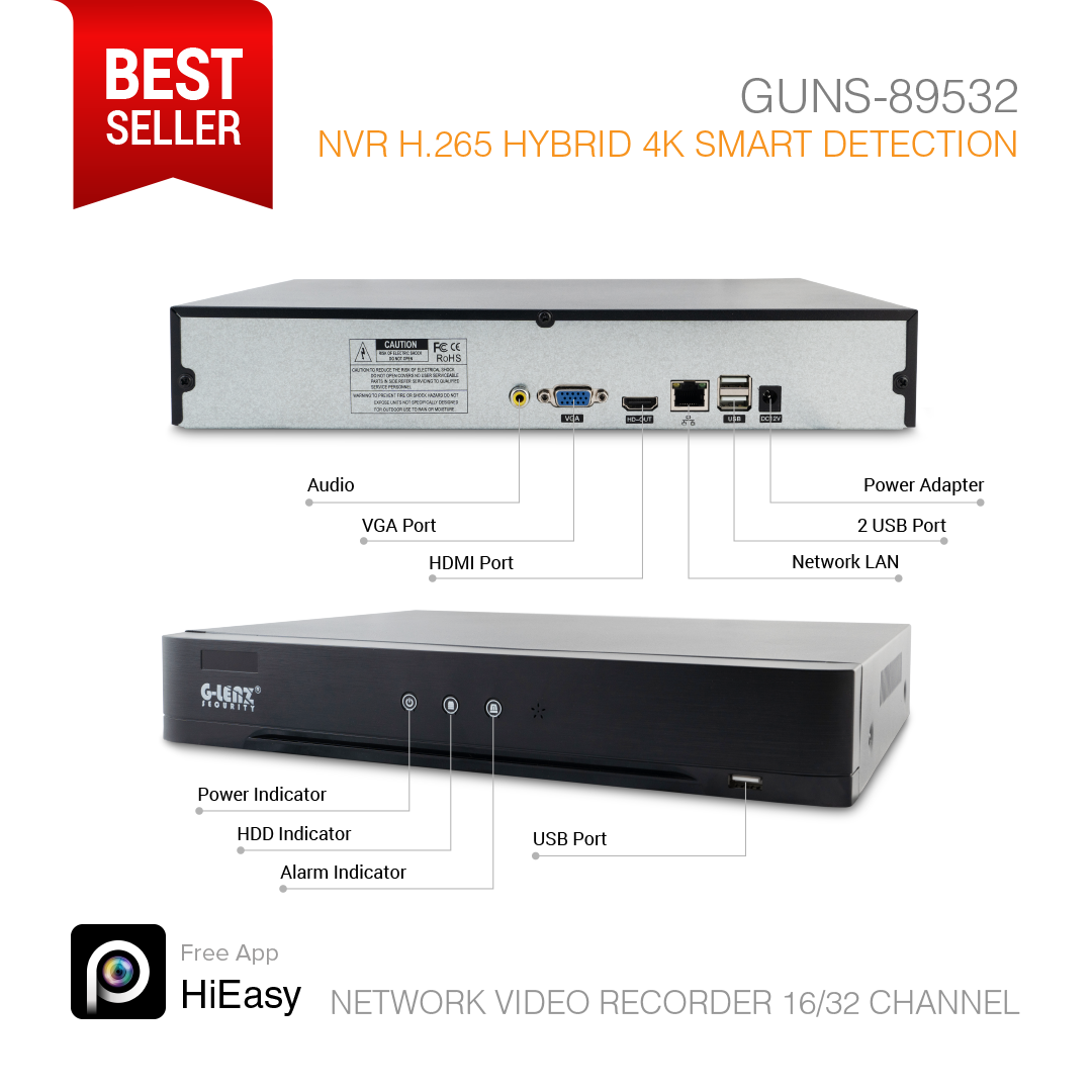 NVR H.265 A.I Smart Detection 32 Channel 8MP Hybrid GUNS-89532