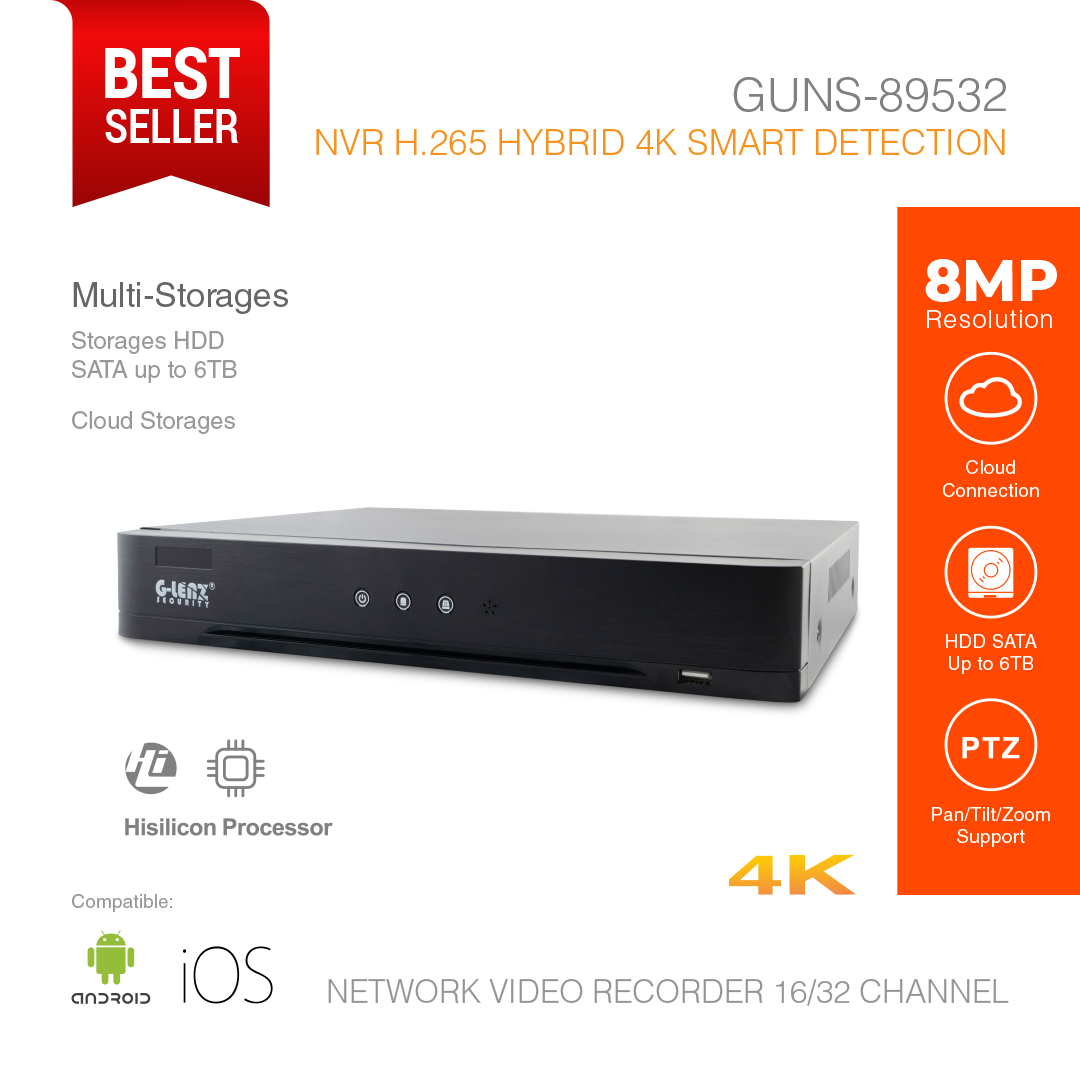 NVR H.265 A.I Smart Detection 32 Channel 8MP Hybrid GUNS-89532