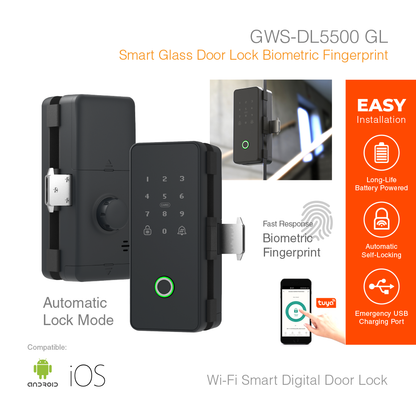 Smart Glass Door Lock Biometric Fingerprint GWS-DL5500GL